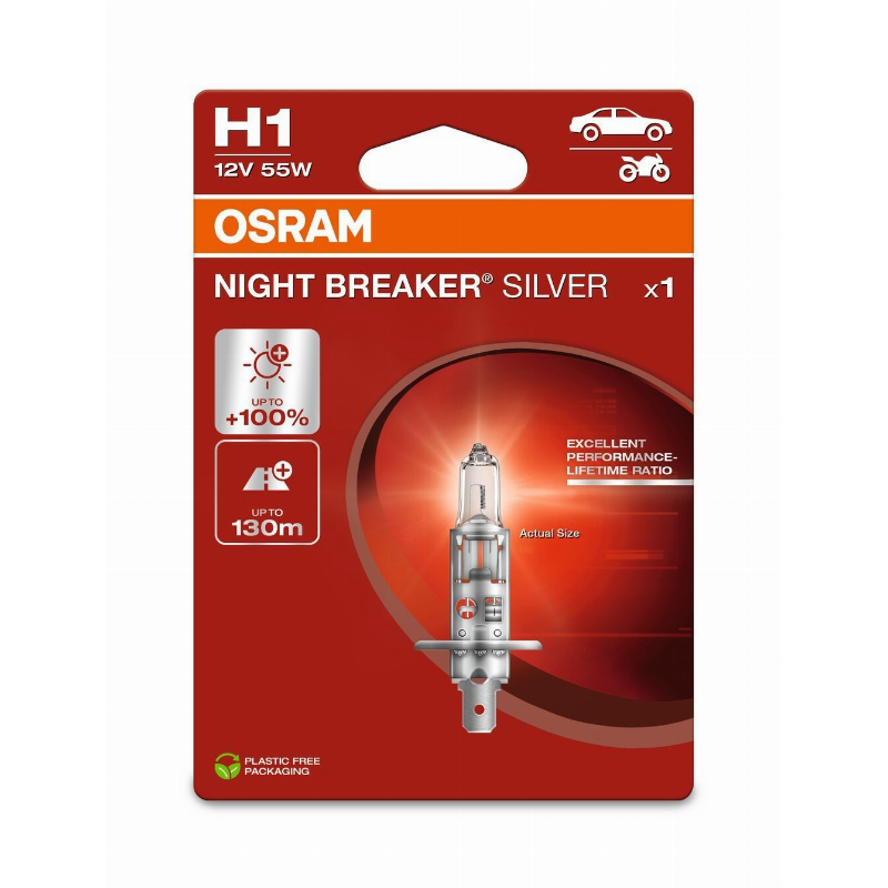 [OS-64150NBS-1BL] OSRAM LEMPUTĖS H1 55W 12V P14,5S +100% NIGHT BREAKER SILVER