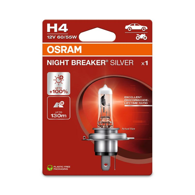 [OS-64193NBS-1BL] OSRAM LEMPUTĖS  H4 60/55W 12V P43T +100% NIGHT BREAKER SILVER
